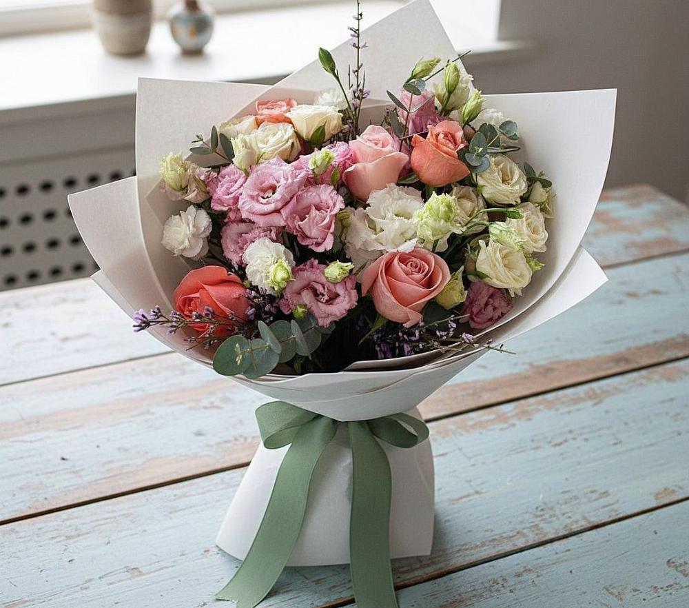 Букет цветов из: Розы, Лизиантусы и Гвоздики в Воронежской