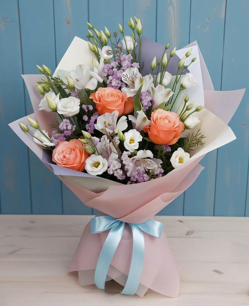 Букет цветов из: Лизиантусы, Розы, Альстромерии и Гипсофила в Воронежской