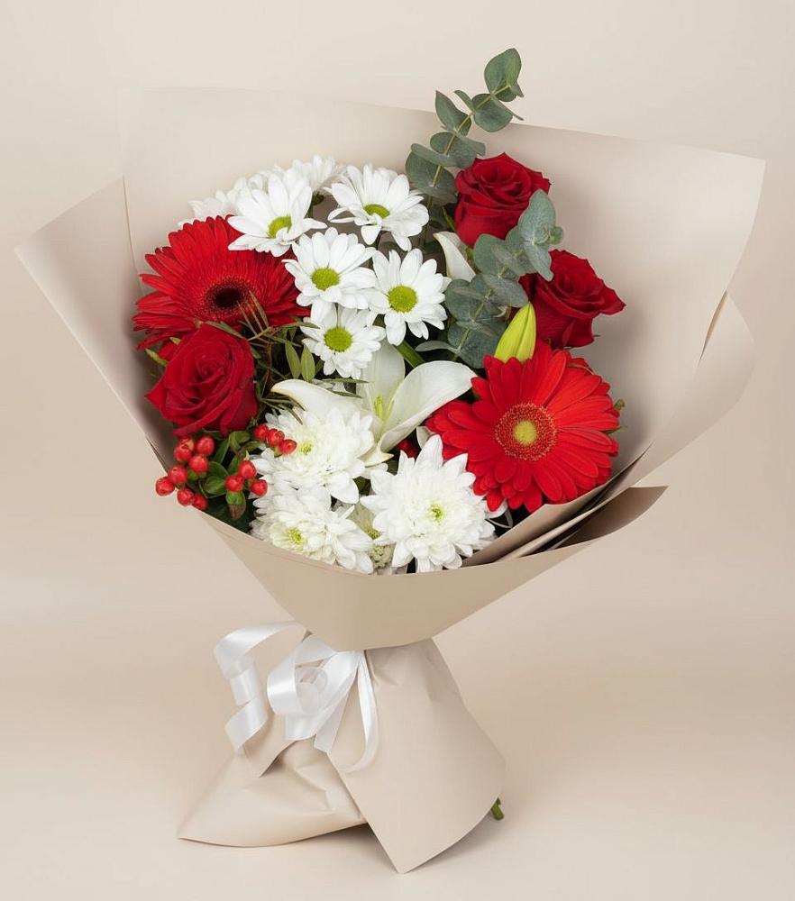 Букет цветов из: Розы, Хризантемы, Герберы и Лилии в Воронежской